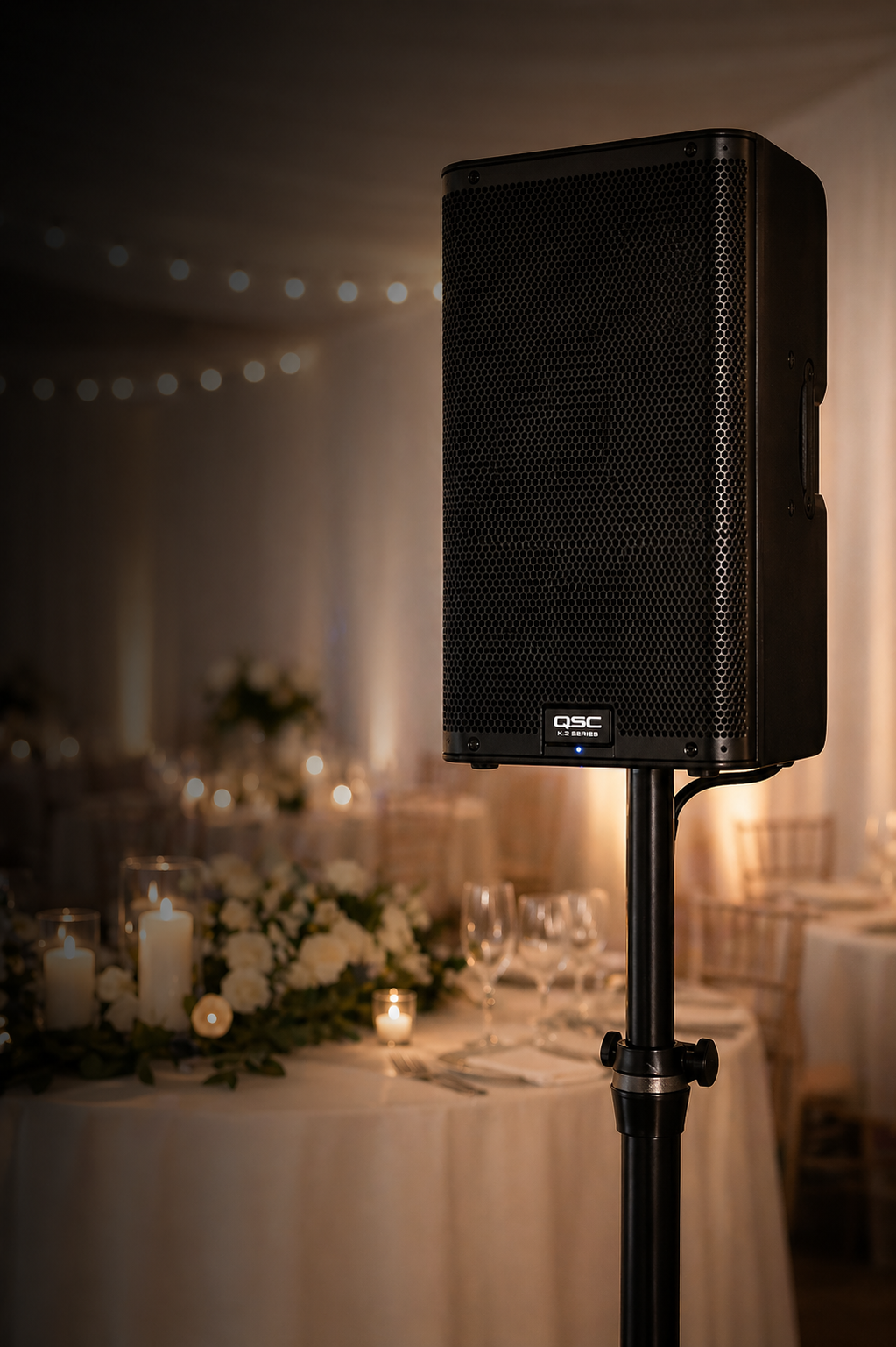 A quality PA speaker in a softly lit wedding venue, with flowers and candles on the tables.